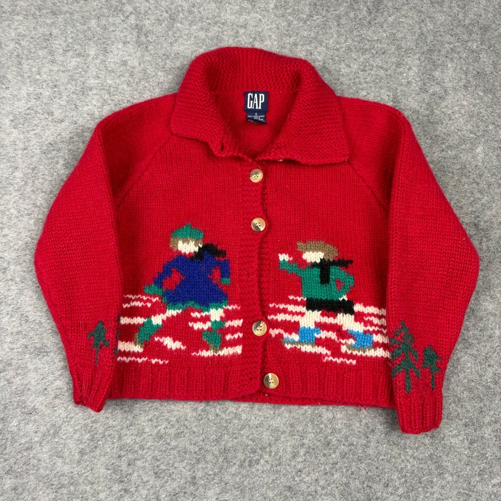 Gap Cardigan Sweater Womens S Red Wool Vintage Skiing Ice Skating Knit Button Up